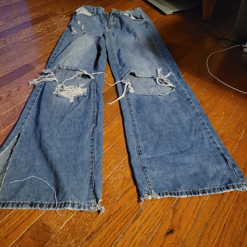 SHEIN Distressed Blue Flare Jeans